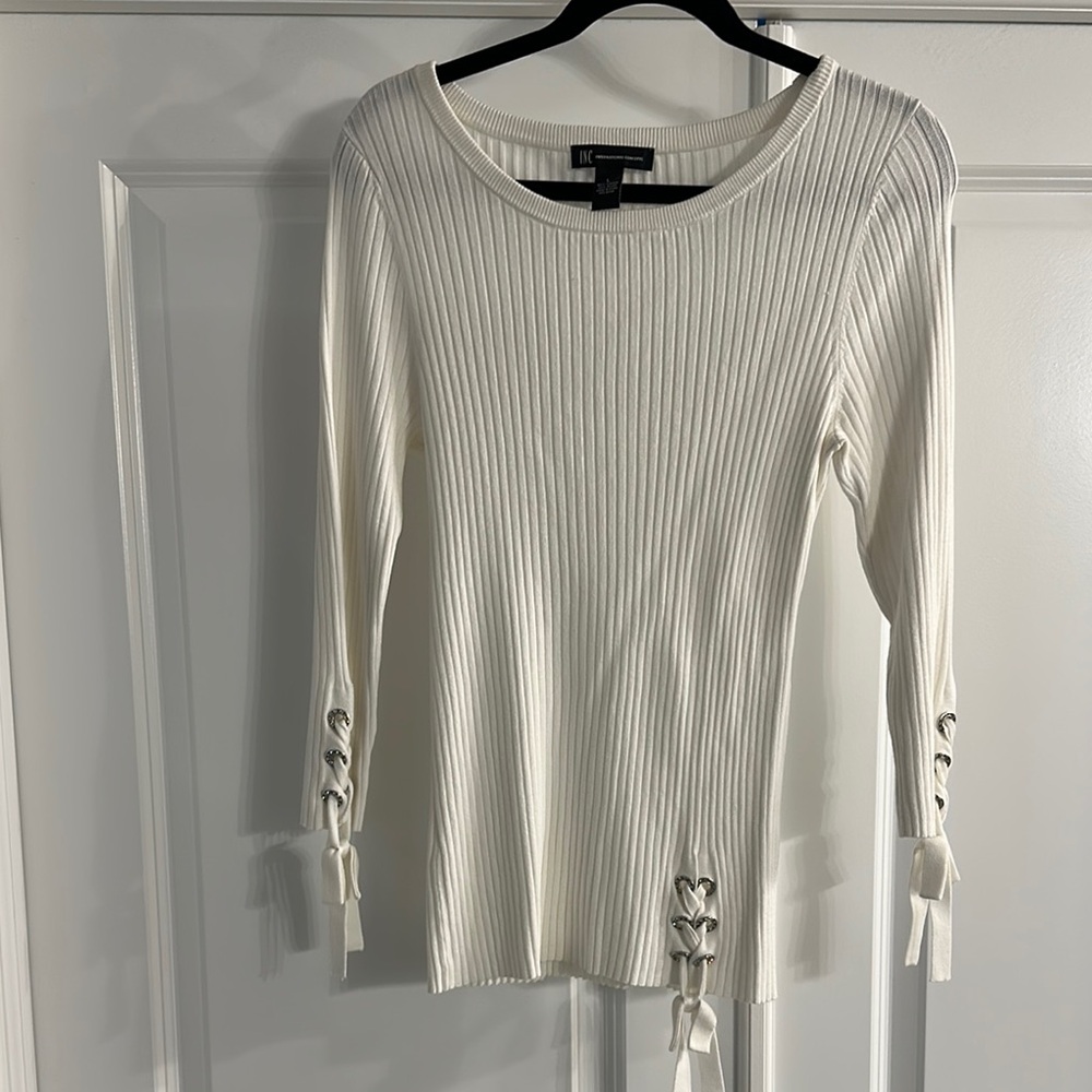 INC International Concepts Cream Ribbed Tie Front Sweater